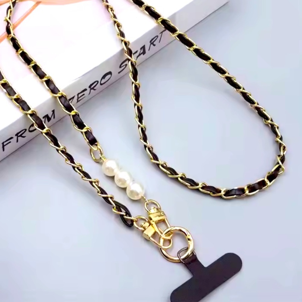 Black OR Red and Gold Phone Lanyard with Pearl Detail - Picture 2 of 8